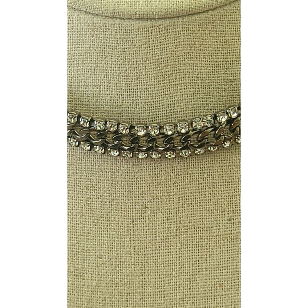 Vintage Clear Rhinestone Double Row Chain Choker Collar Necklace Silver Tone
